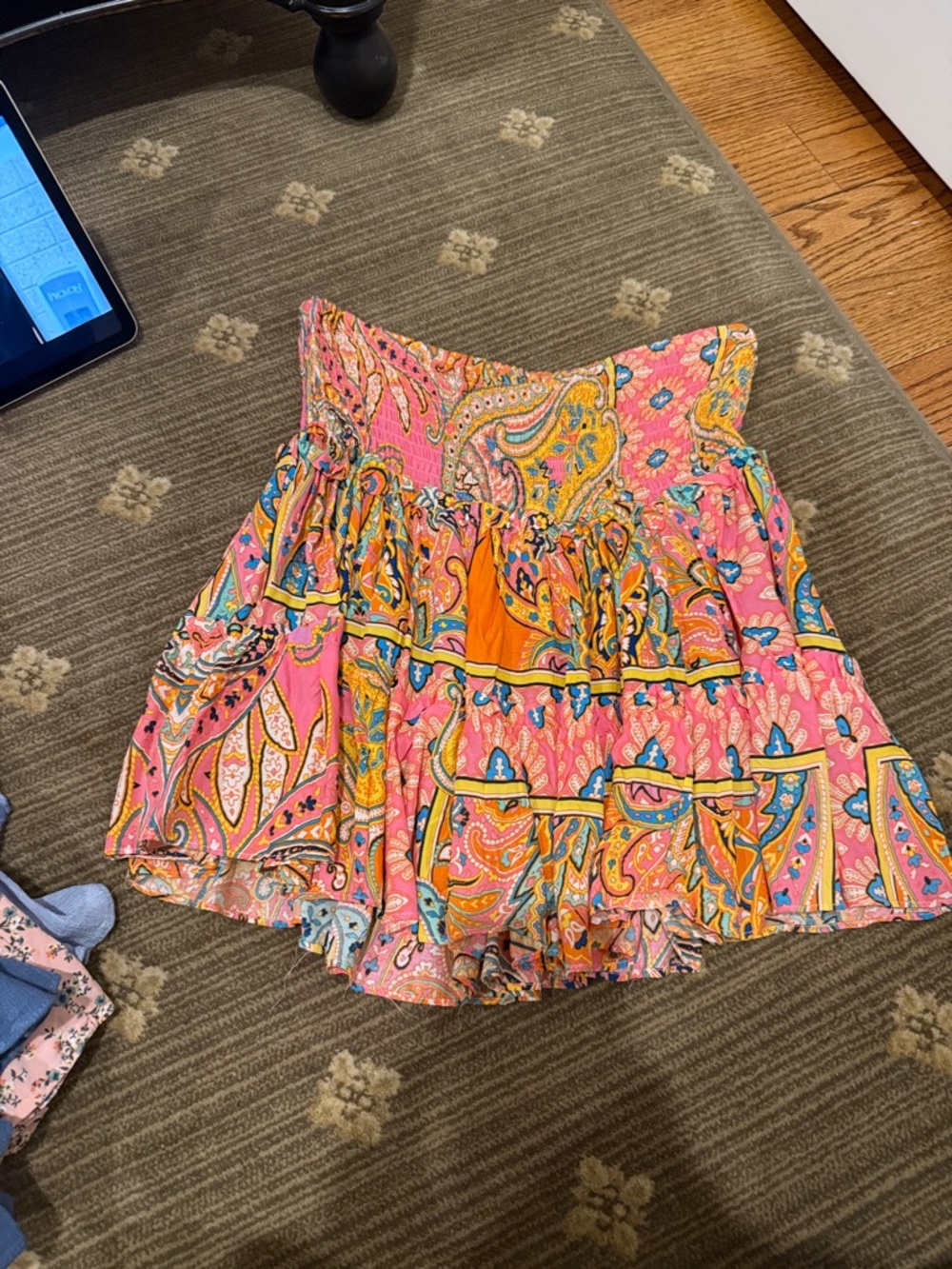 Smocked Waist Pink Paisley Mini Skirt with Orange Accents